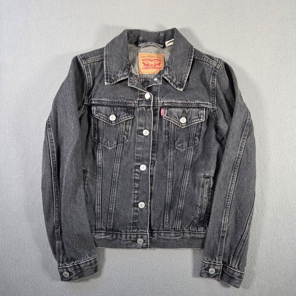 Levis Jacket Womens Medium Faded Black Denim Trucker Jean Red Tab Button Collar
